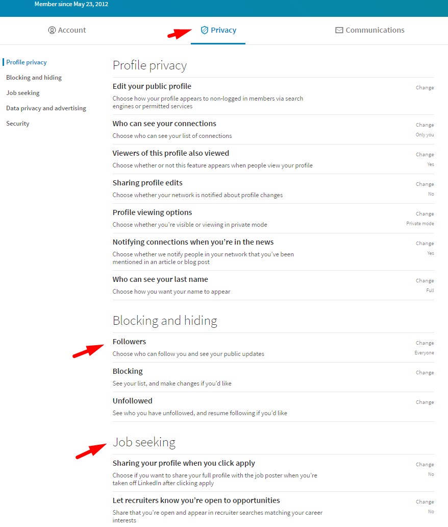 LinkedIn Privacy Settings Tab